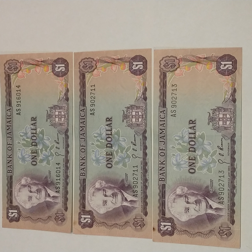 Set of 3 Jamaican $1 bank notes